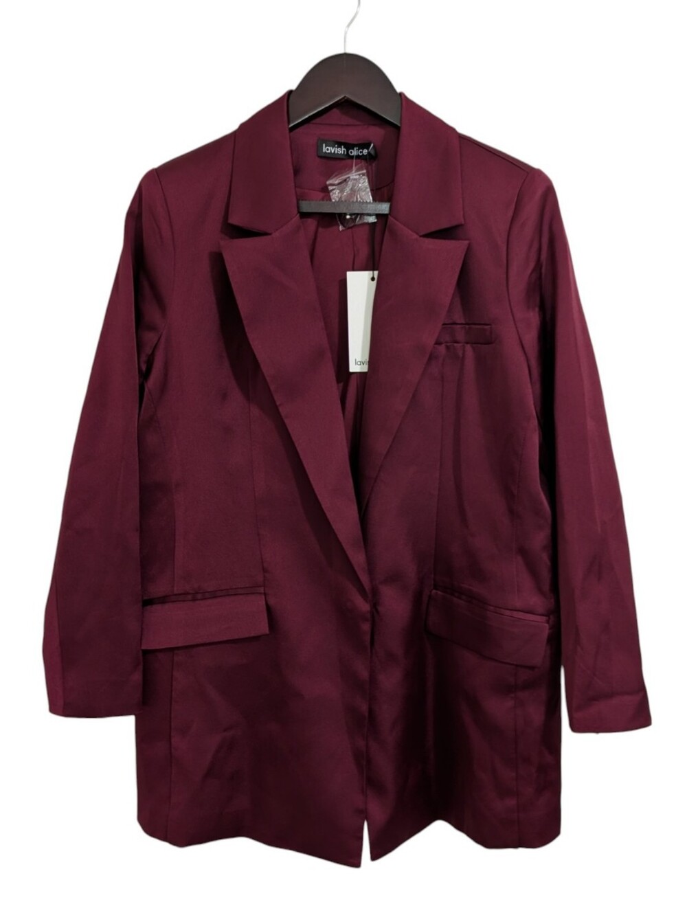 Lavish Alice Bonded Satin Oversized Boxy Blazer Burgundy NWT US 8